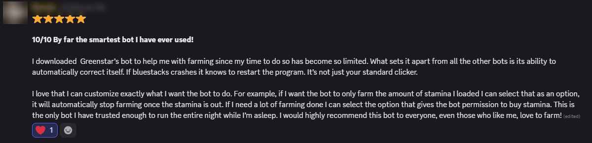 Player review from our Discord (names hidden)