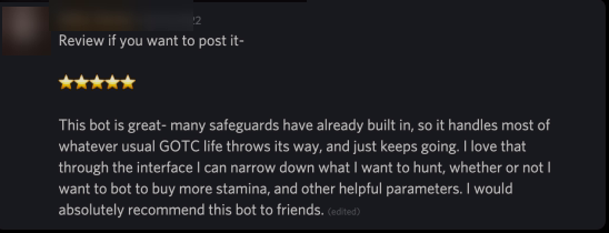 Player review from our Discord (names hidden)