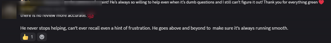 Player review from our Discord (names hidden)