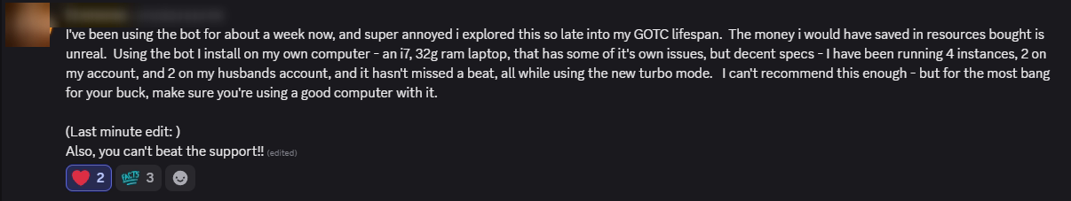 Player review from our Discord (names hidden)