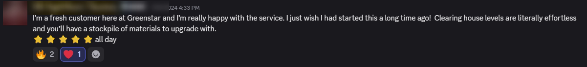 Player review from our Discord (names hidden)