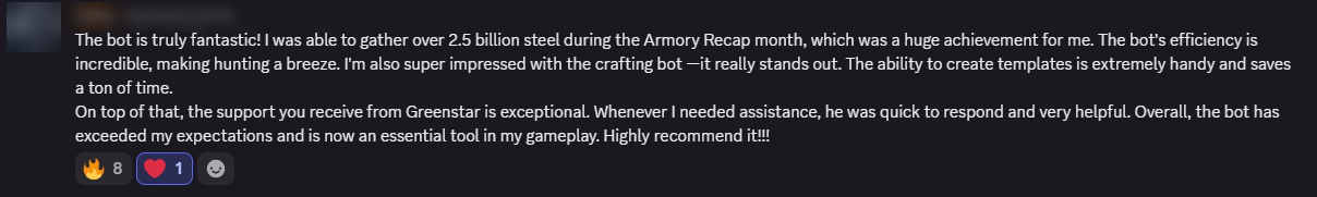 Player review from our Discord (names hidden)