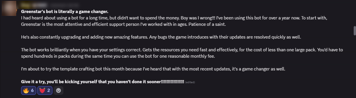 Player review from our Discord (names hidden)