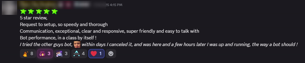 Player review from our Discord (names hidden)