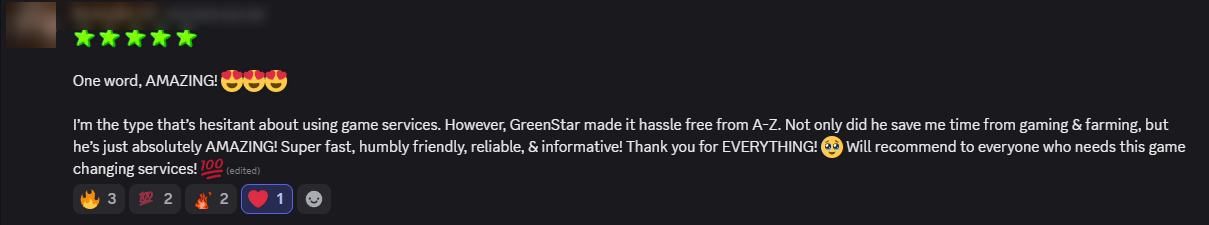 Player review from our Discord (names hidden)