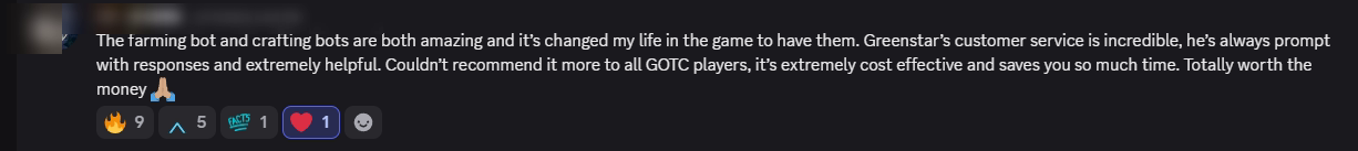 Player review from our Discord (names hidden)