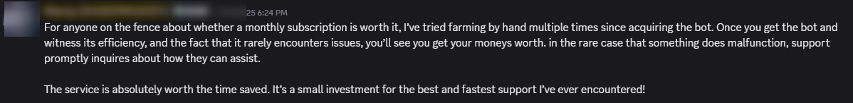 Player review from our Discord (names hidden)