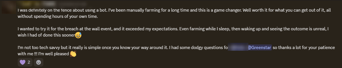 Player review from our Discord (names hidden)