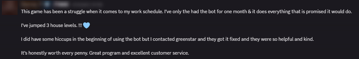Player review from our Discord (names hidden)