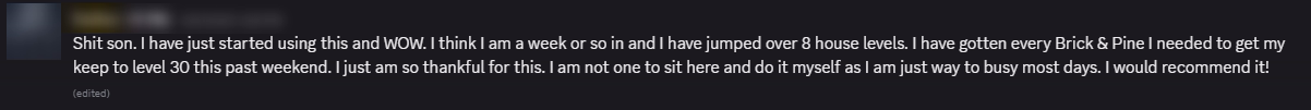 Player review from our Discord (names hidden)