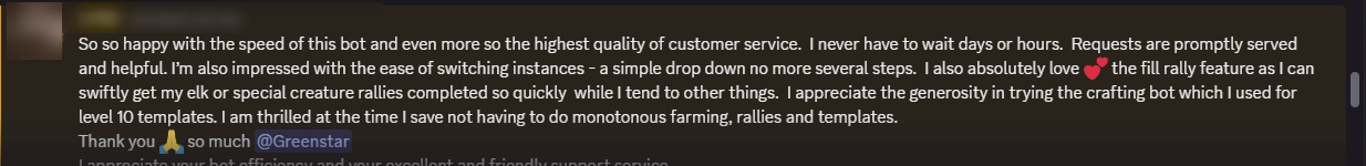 Player review from our Discord (names hidden)